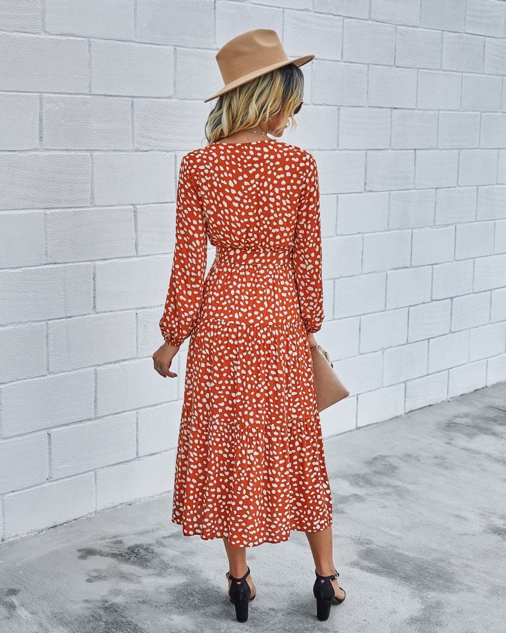 Western Long Sleeve Wrapped Print Long Dress