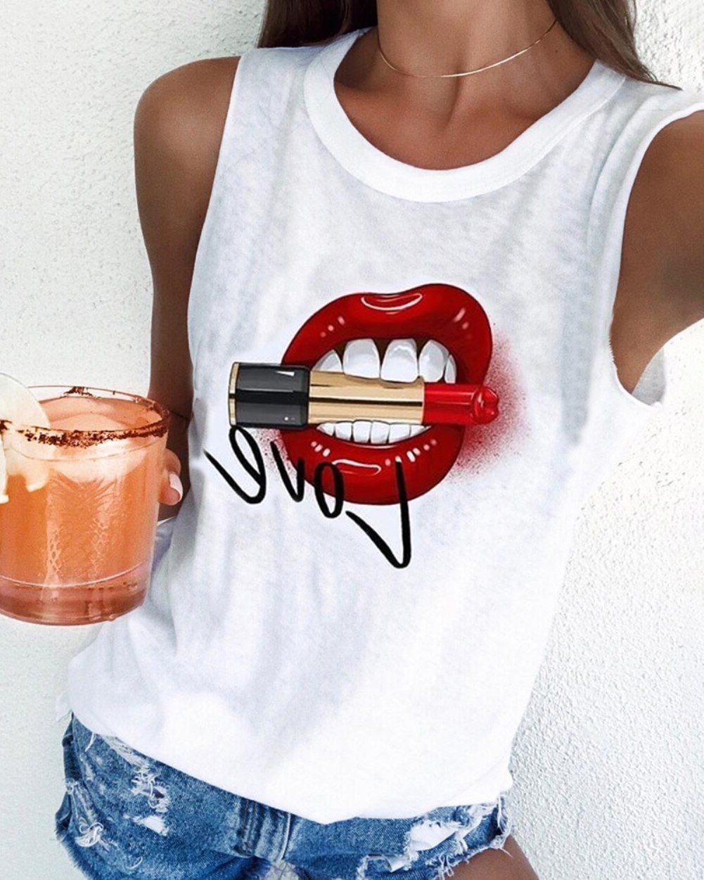 Print White Sleeveless Round Neck Shirt