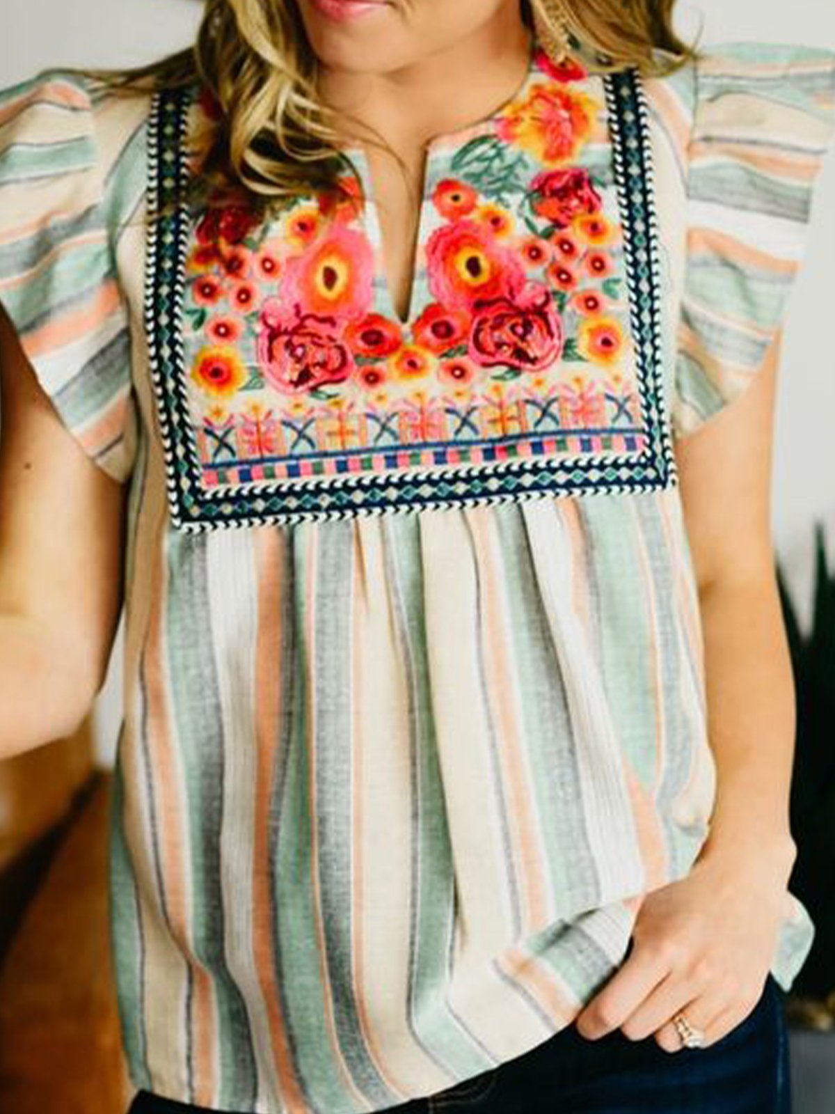 Stripes Frill Sleeve Vintage Shirts & Tops