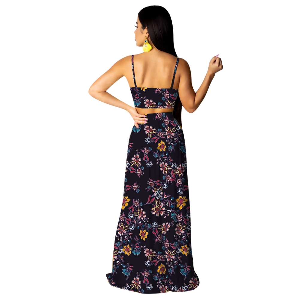 Floral Straps Crop Top and Slit Maxi Skirt