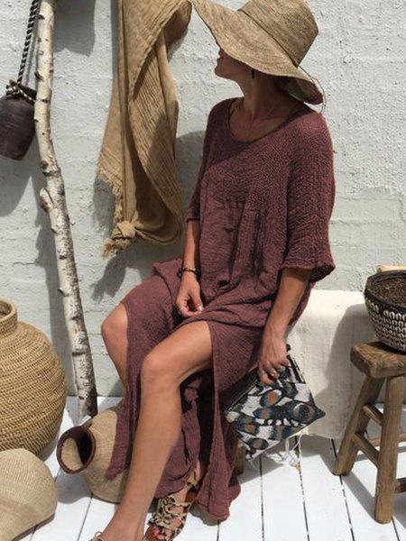 Coffee Half Sleeve V Neck Plain Cotton Dresses