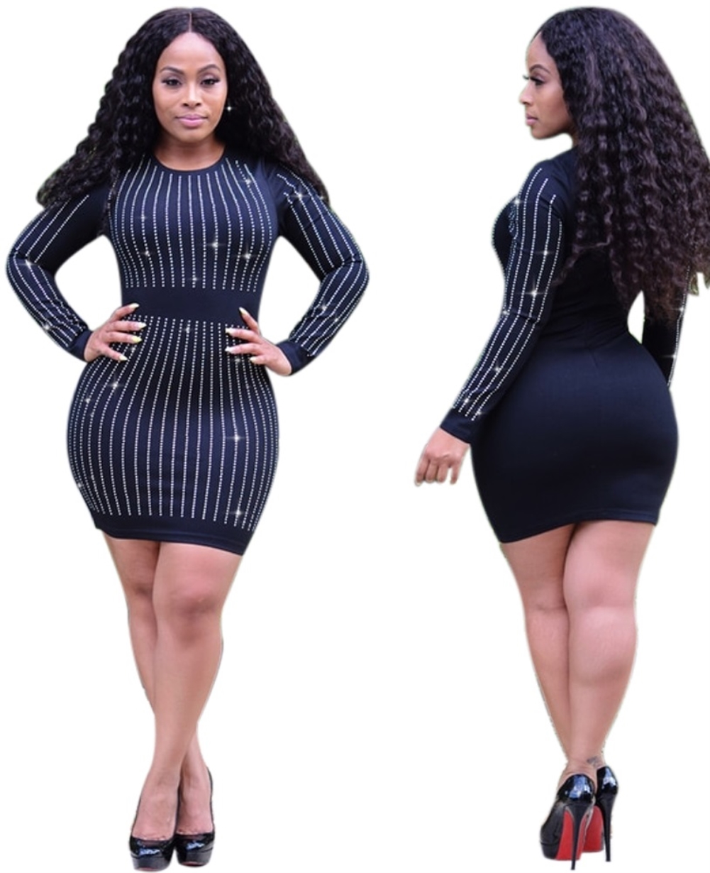 Sexy Black Beaded Long Sleeve Bodycon Dress