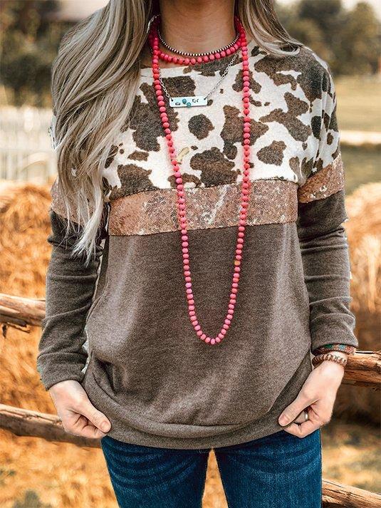 Brown Crew Neck Long Sleeve Cocoon Shirts & Tops