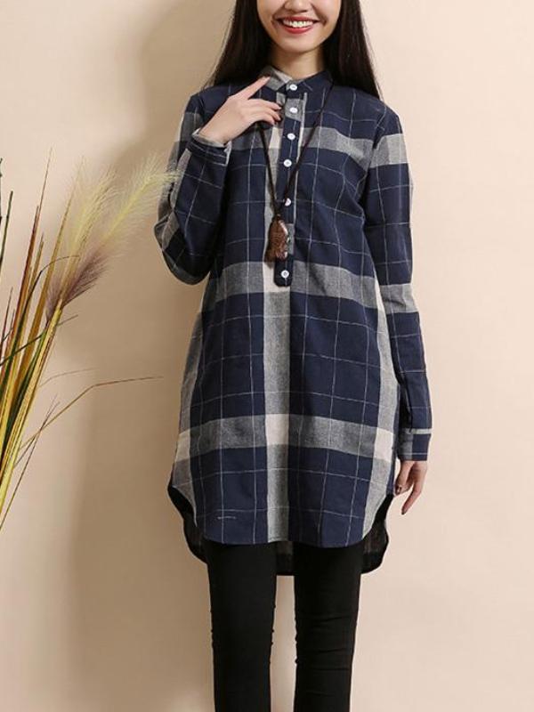 Long Sleeve Women Linen Cotton Plaid Casual Shirt
