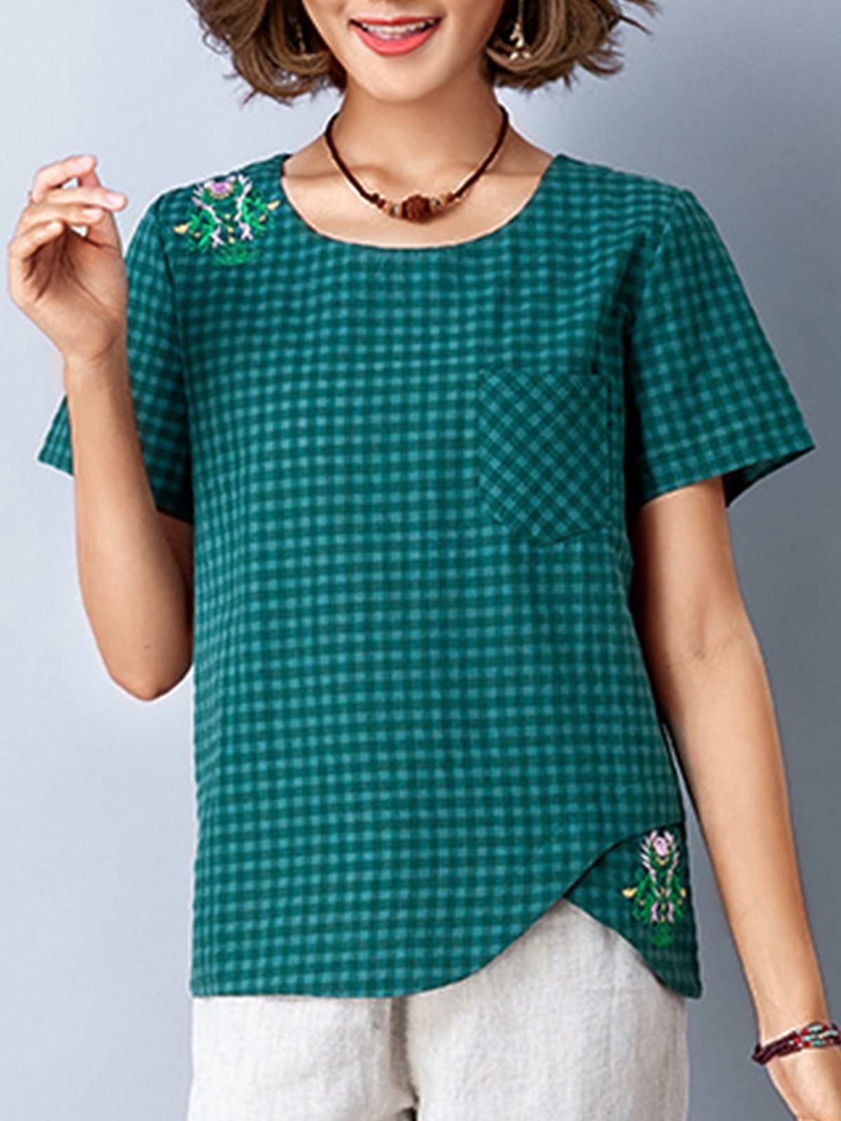 Plus Size Women Short Sleeve Round Neck Vintage Plaid Floral Casual Tops