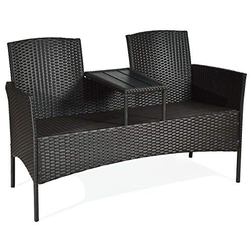 Conversation Furniture Set with Table and Two Removable Cushions Rattan Wicker Chairs and Table Set �C Brown+Blue