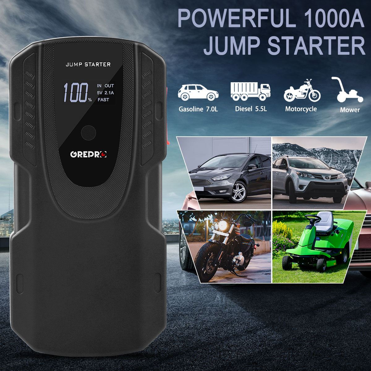 Car Starter Auto Power Bank Jump Starter 1000A Car Buster 12V Vehicle Emergency Battery Auto Booster Battery Powerful LED Light