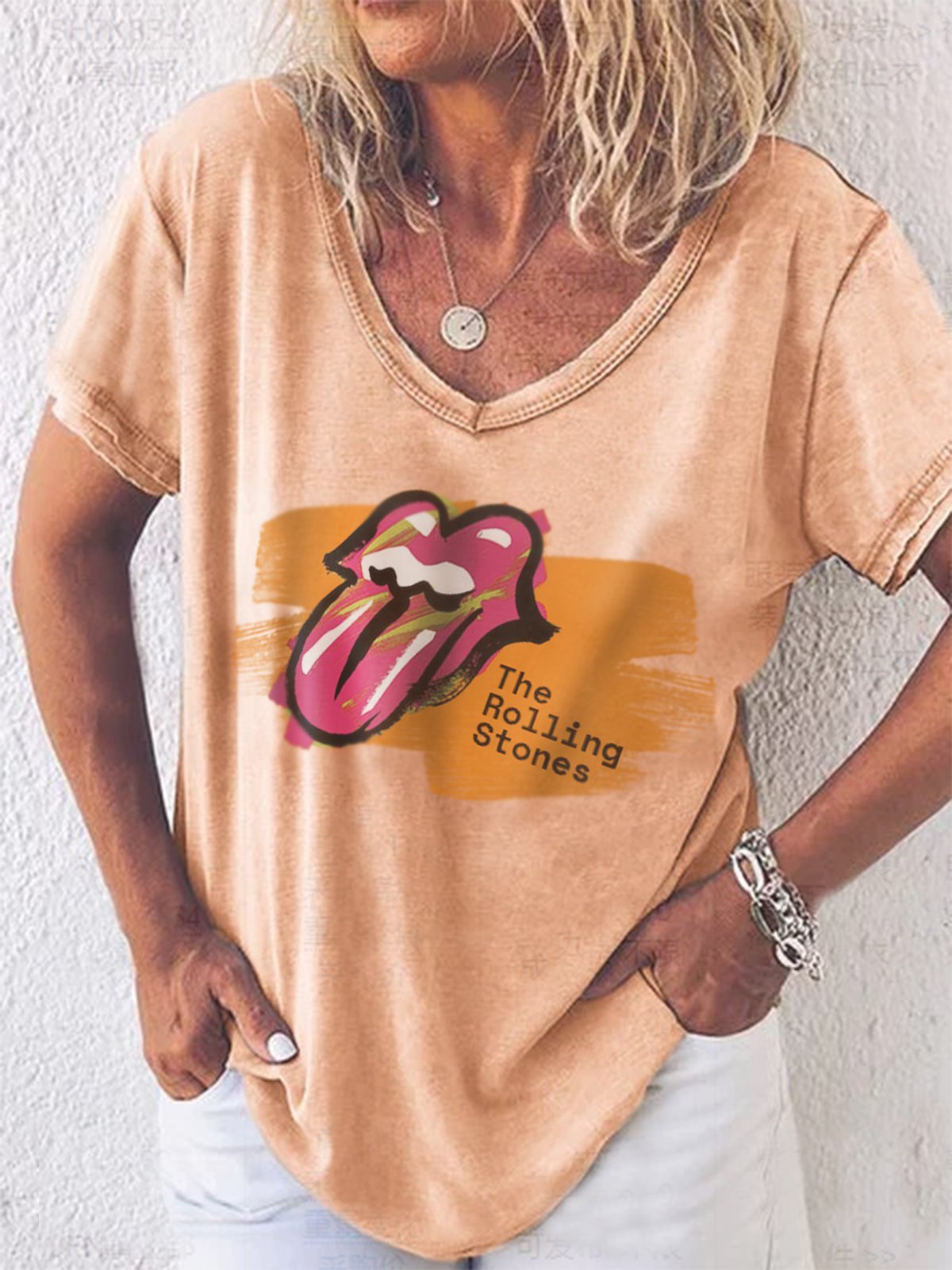 Orange V Neck Shift Cotton-Blend Short Sleeve Shirts & Tops