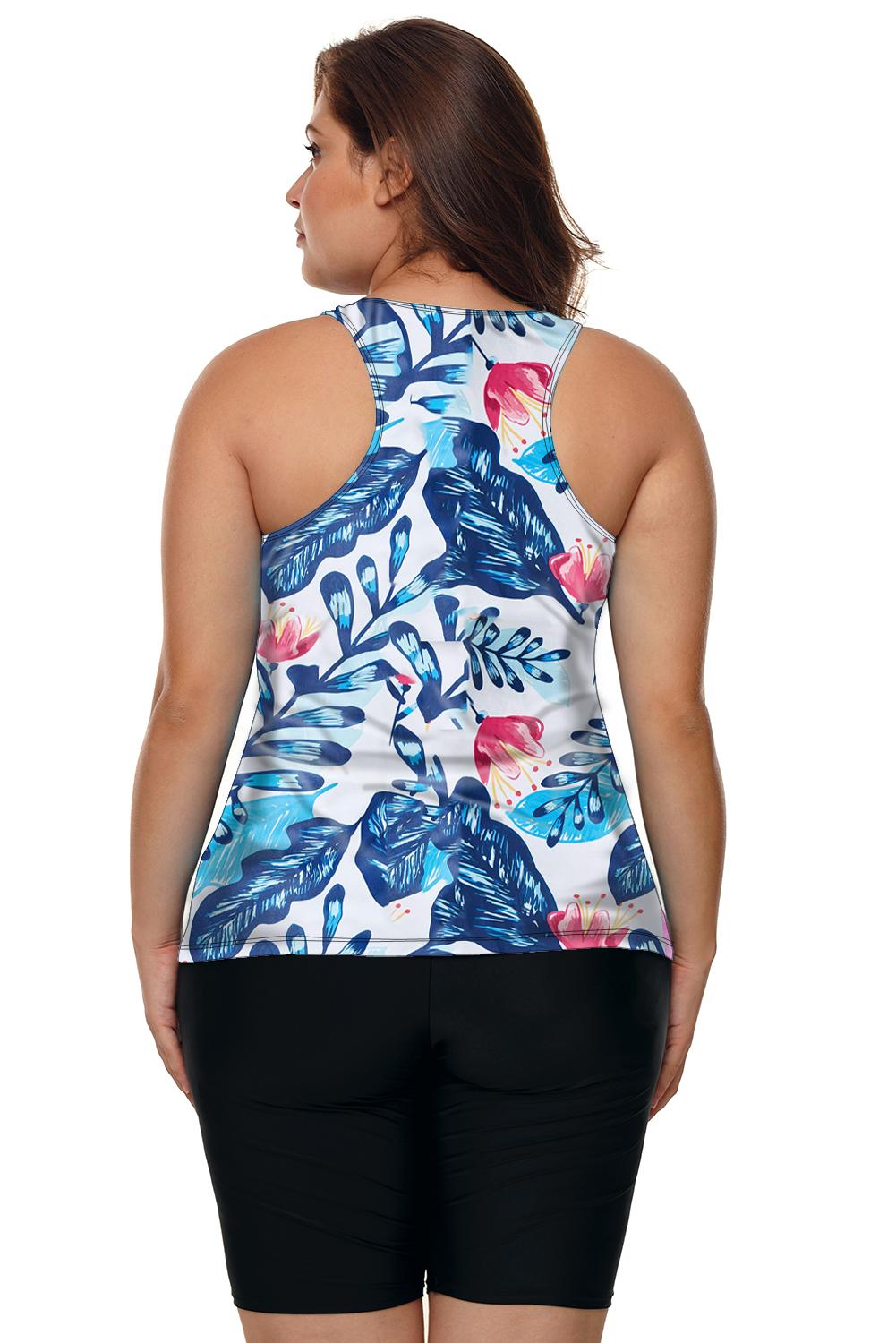 优雅植物印花舒适无袖高腰平角分体泳装