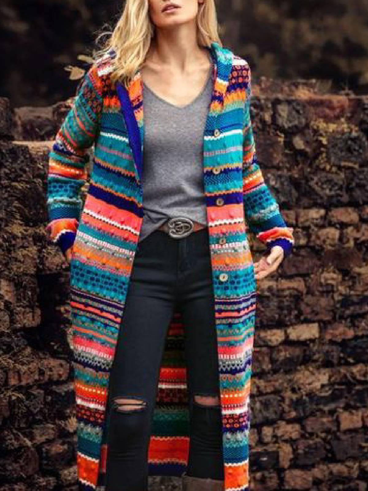 Color-Block Tribal Long Sleeve Boho Cardigan