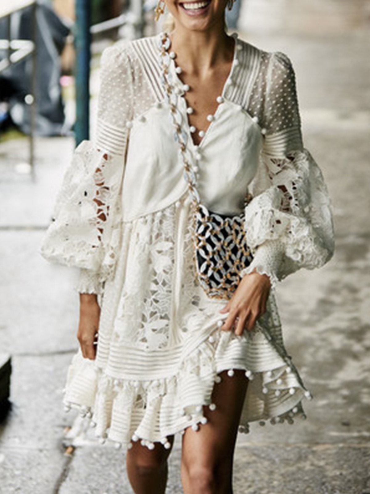 Balloon Sleeve Patchwork V Neck Vintage Casual Dresses