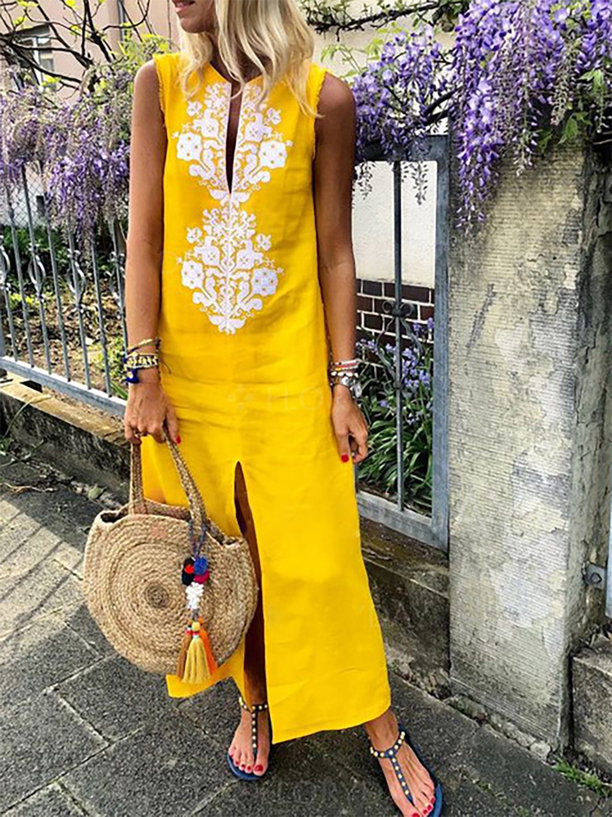 Sleeveless Geometric Casual Linen Maxi Dresses