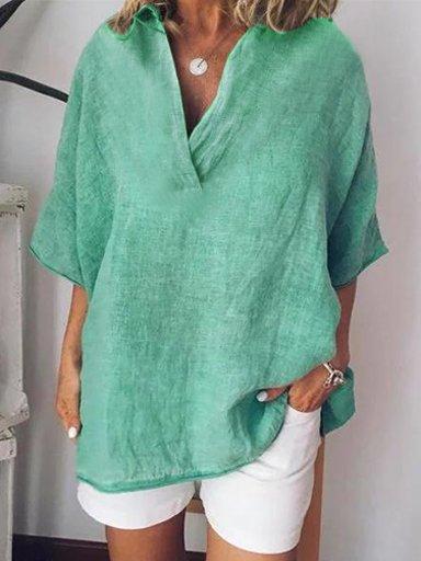 Linen Short Sleeve Solid Casual Shirts Blouses
