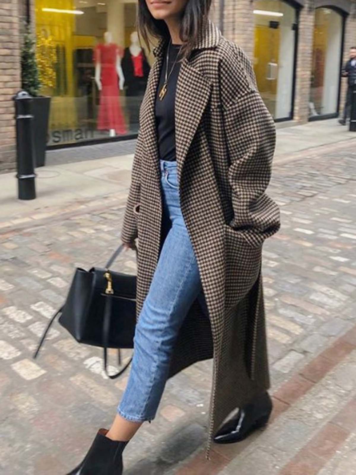 Brown Casual Cotton-Blend Checkered/plaid Outerwear