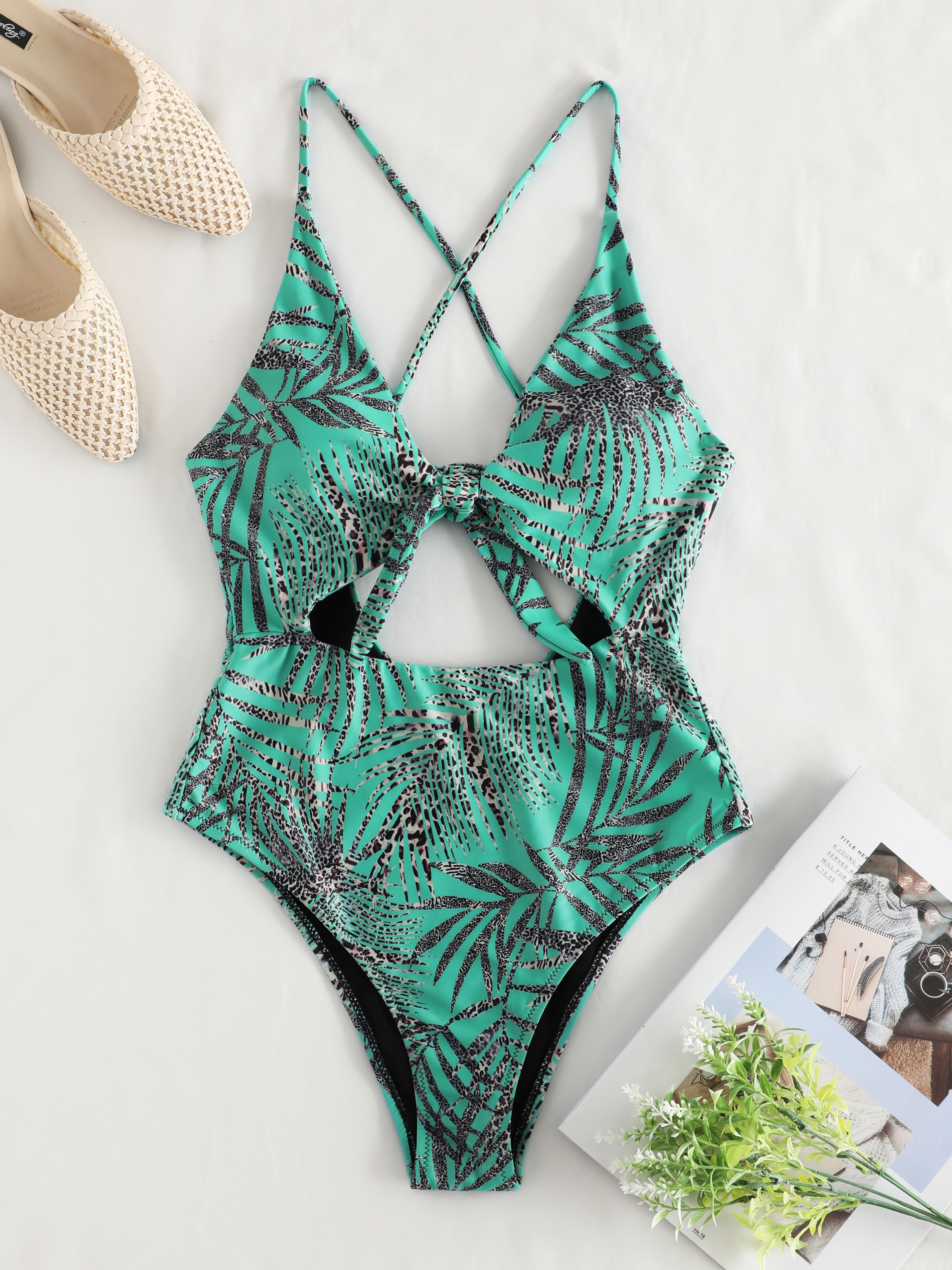 Leaf Print Cutout One-Piece Swimwear