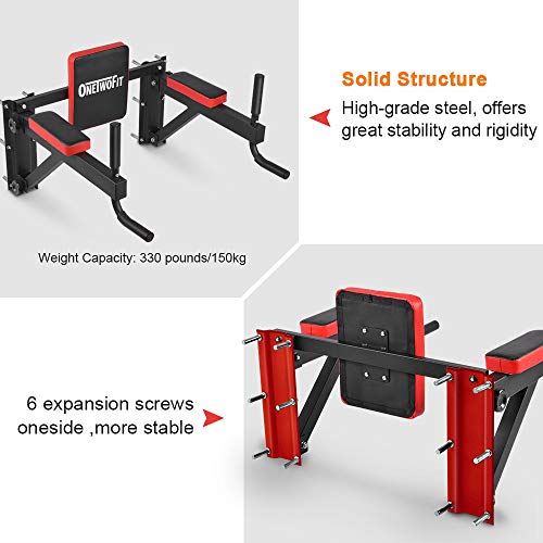 ONETWOFIT Multifunctional Wall Mounted Pull Up Bar Power Tower Set Chin Up Station Home Gym- Black & Red