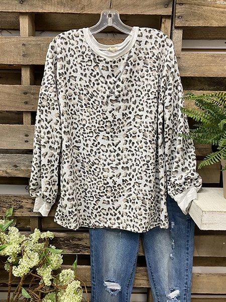 Light Khaki Animal Round Neck Casual Shirts & Tops