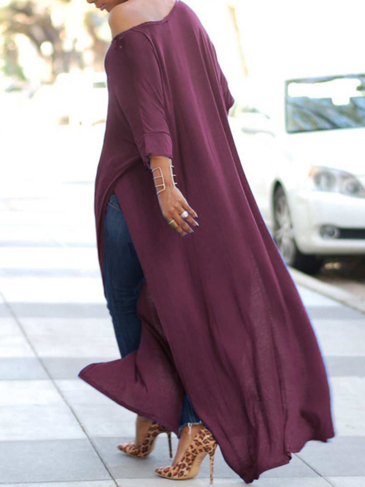 Women Half Sleeve Crew Neck Slit T-Shirt