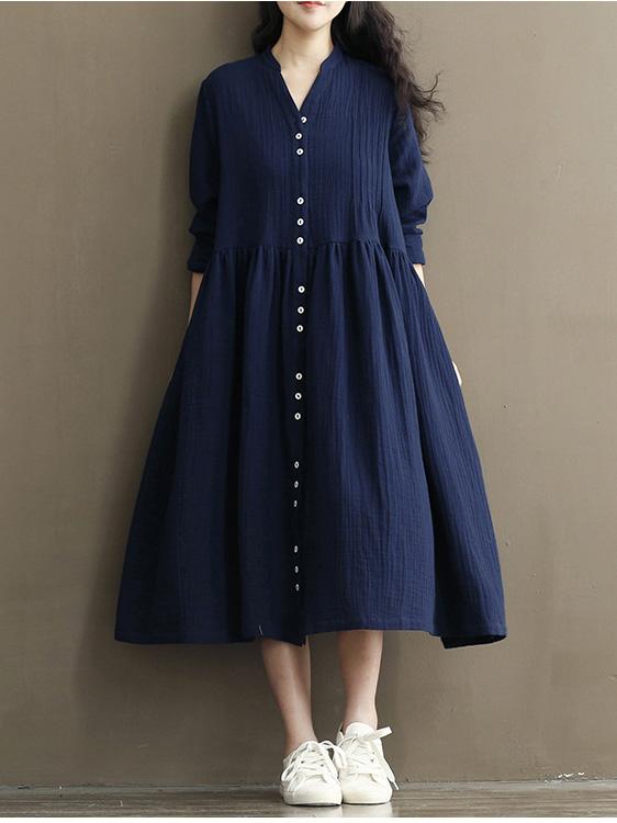 Long Sleeve Women Casual Loose Linen Cotton Solid Dress