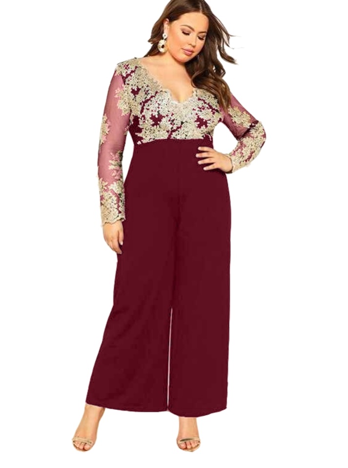 Plus Size V-Neck Floral Jumpsuit with Sleeves