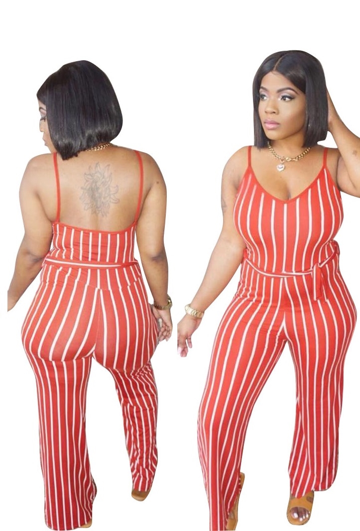 Striped Print Sexy Straps Jumpsuit