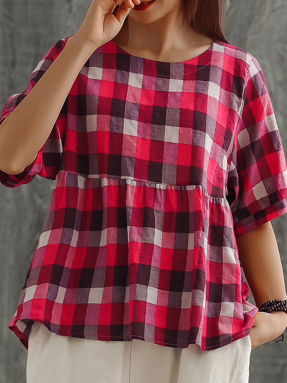 Plus Size Women Plaid Cotton And Linen Short Sleeve Loose Casual Tops