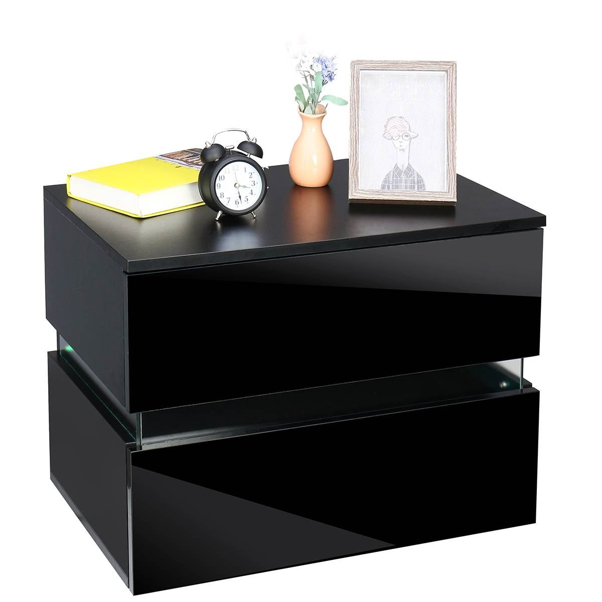 Modern LED Bedside Table High Gloss RGB Coffee Tables with 2 Drawers Sofa Side