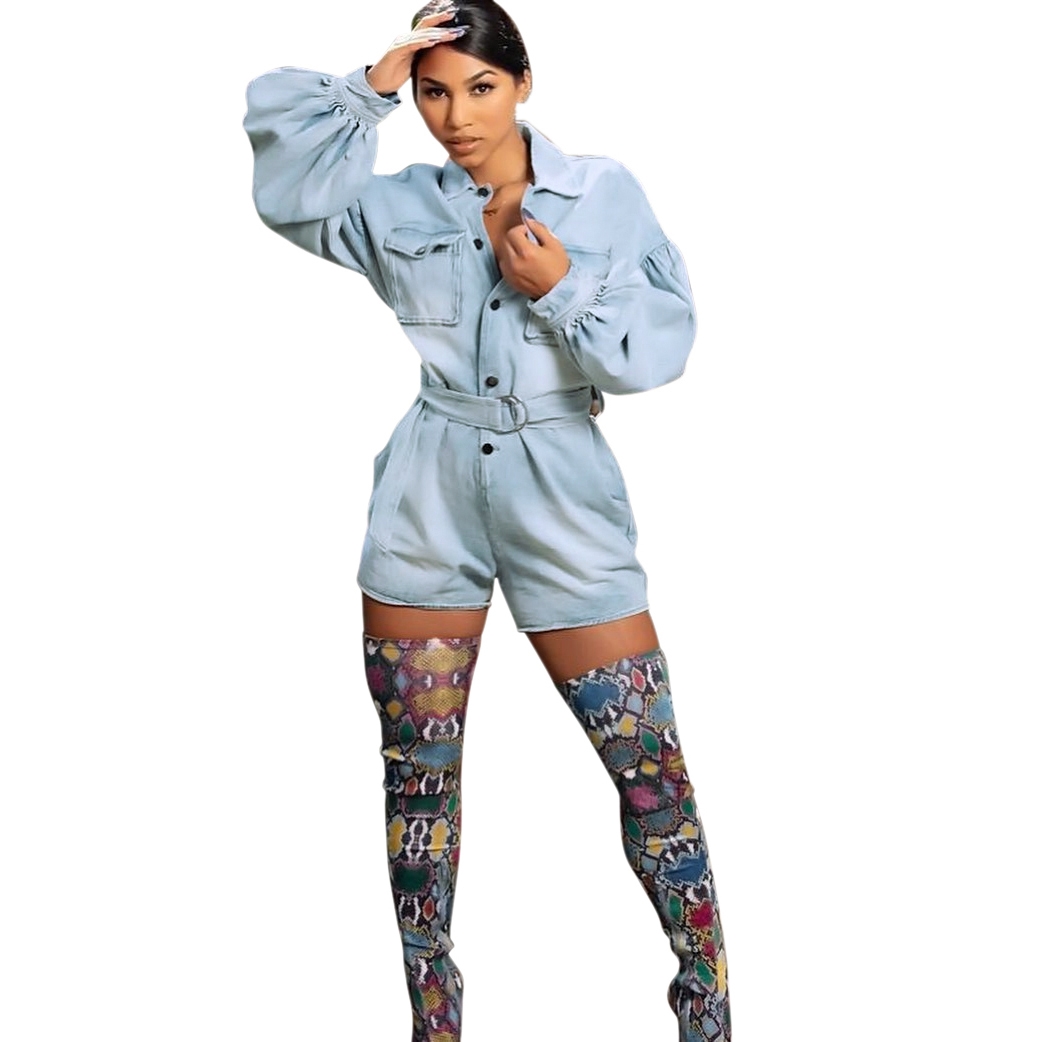 Button Up Blue Denim Rompers with Belt