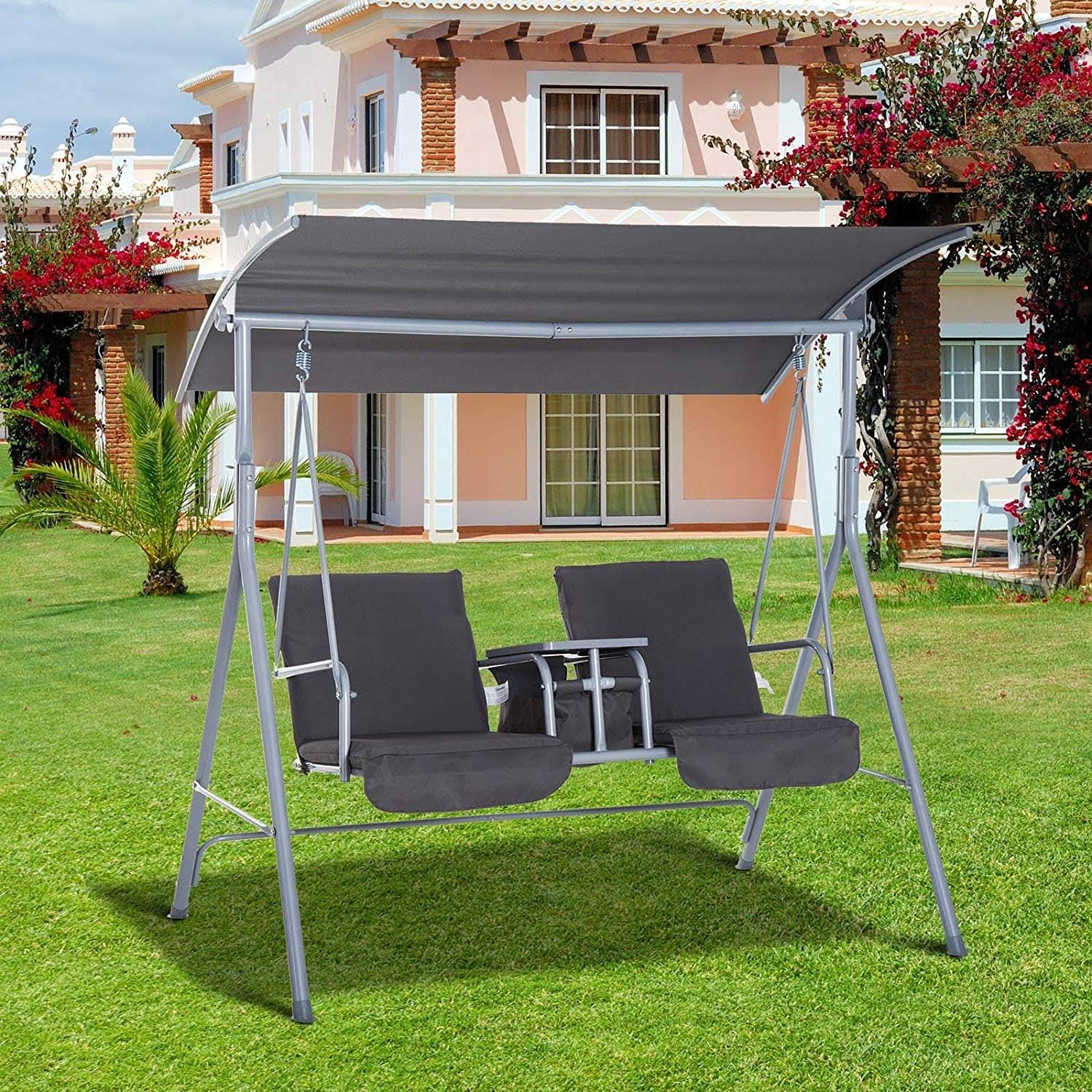 Jamna Water-Resistant Patio Swing with Center Pivot Table by Havenside Home - Grey