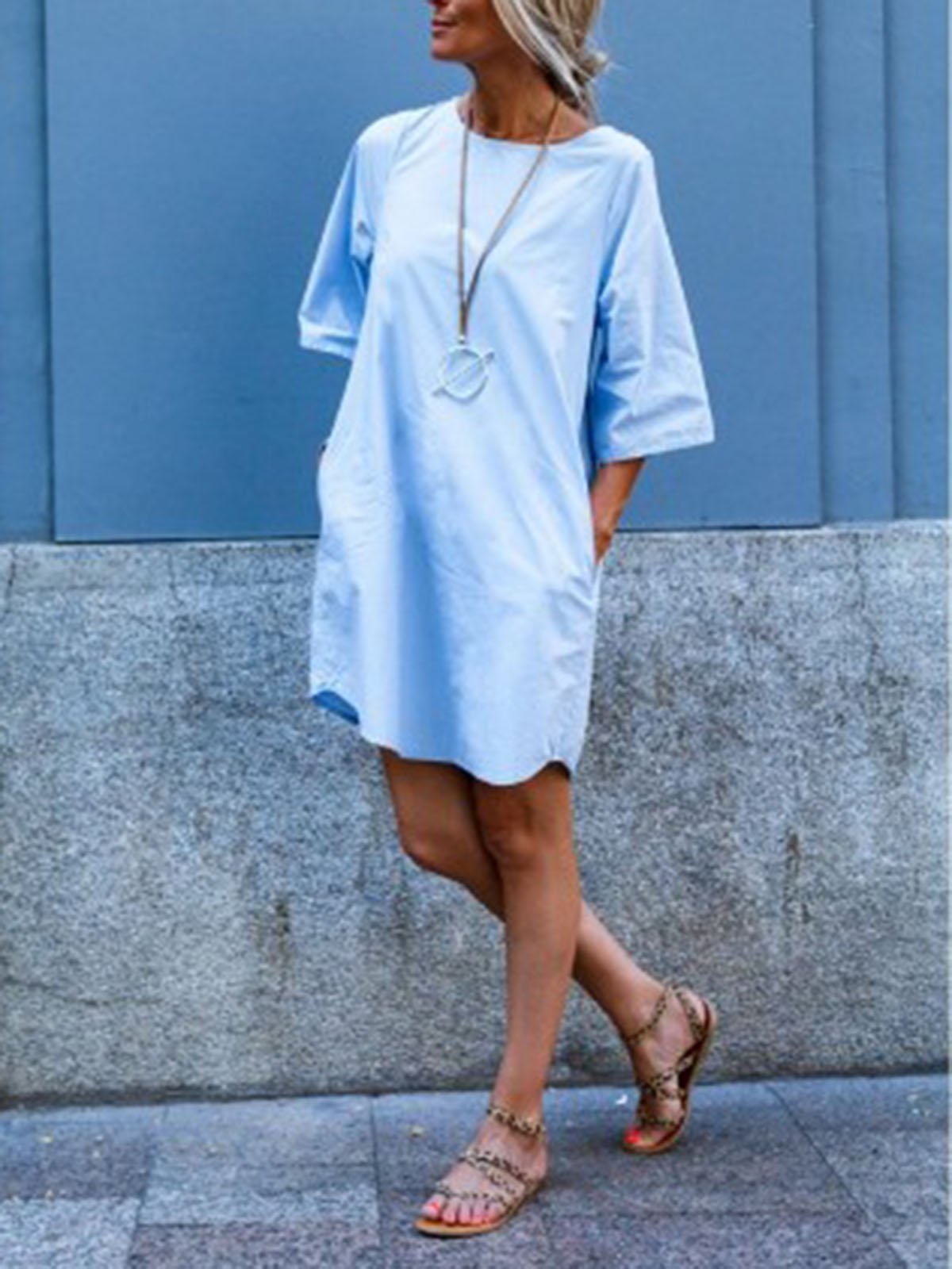Light Blue Crew Neck Cotton-Blend Casual Dresses