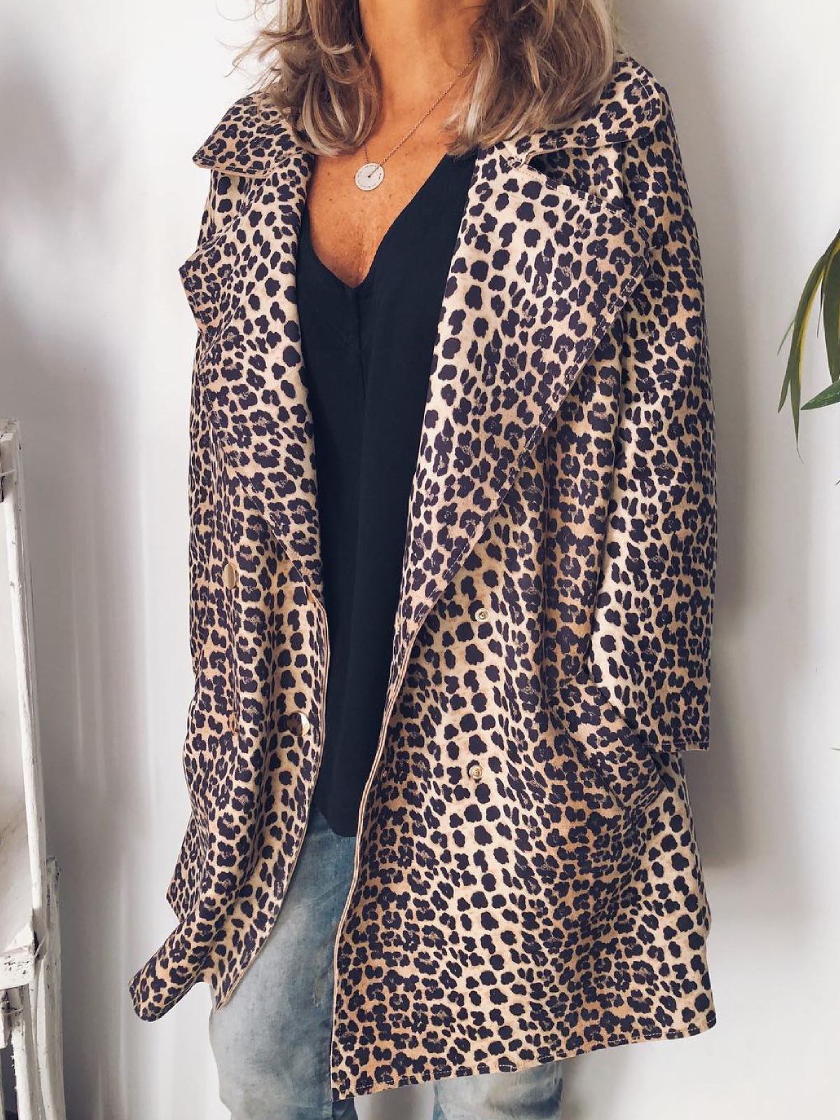 Plus Size Leopard Casual Long Sleeve Outerwear