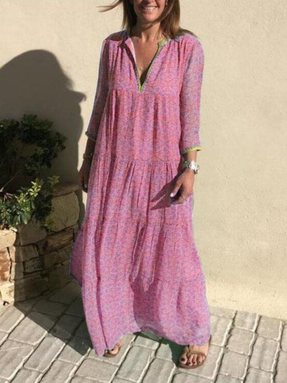 Boho Floral A-Line Long Sleeve Chiffon Dresses