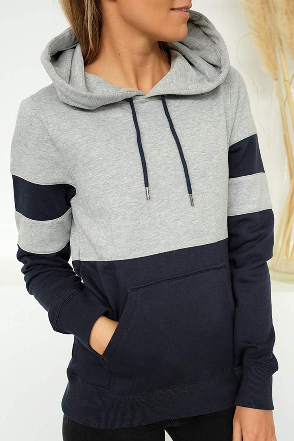 Blue Color Block Long Sleeve Crewneck Pullover Hoodie