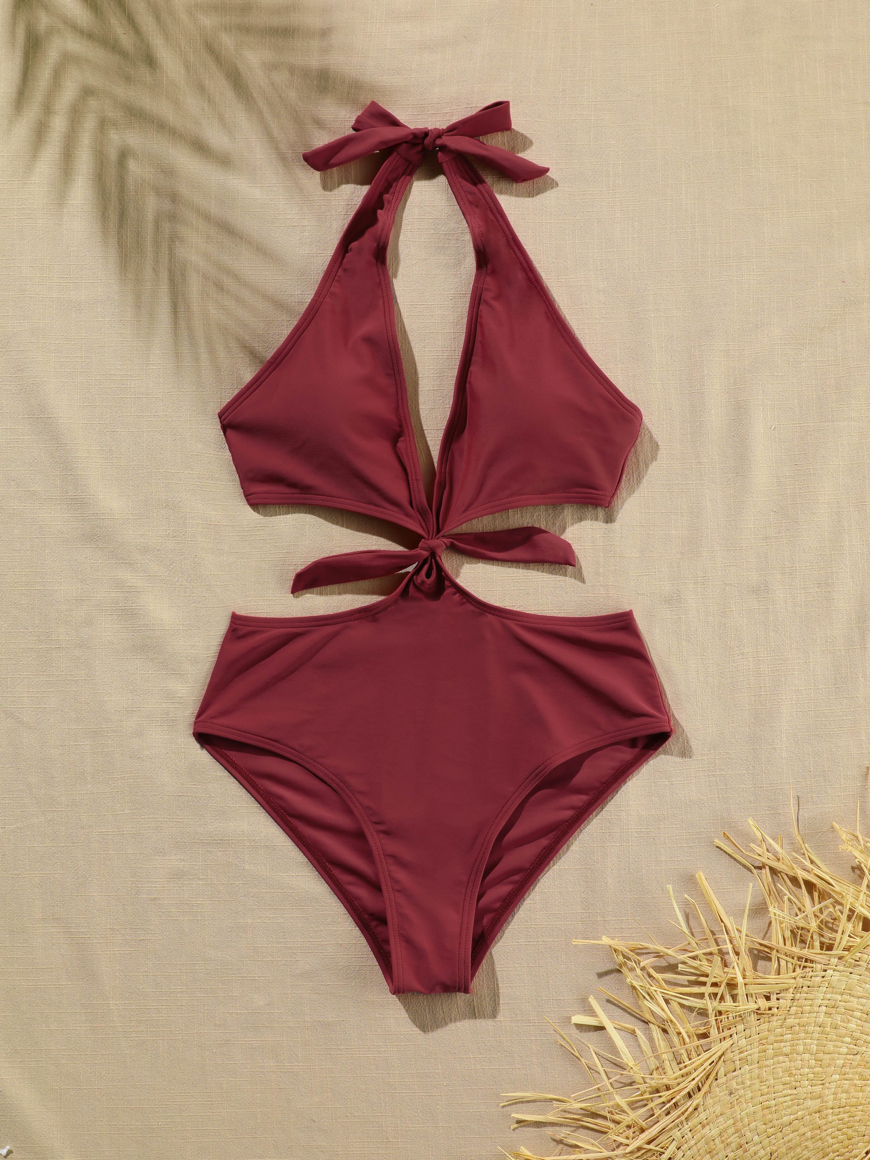 Solid Halter Collar One-piece Swimwear