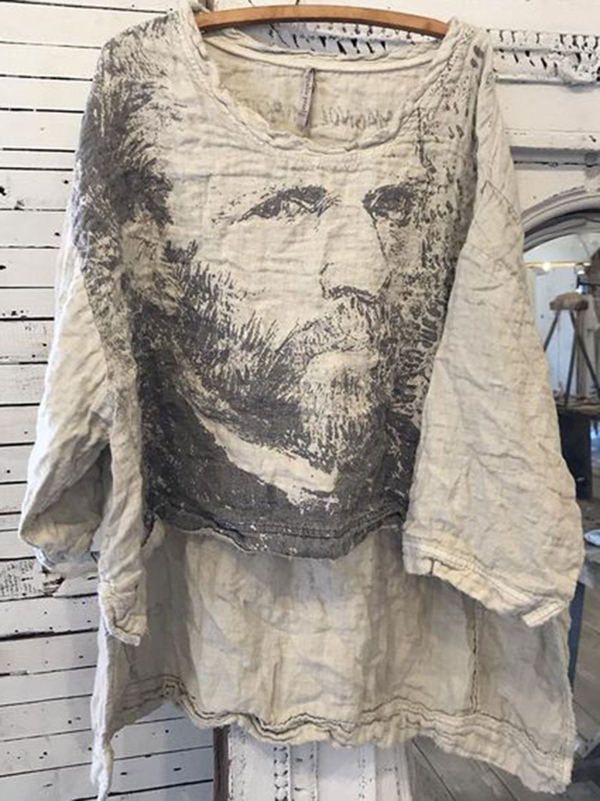 Women Light Gray Linen Round Neck Vintage Shirts & Tops