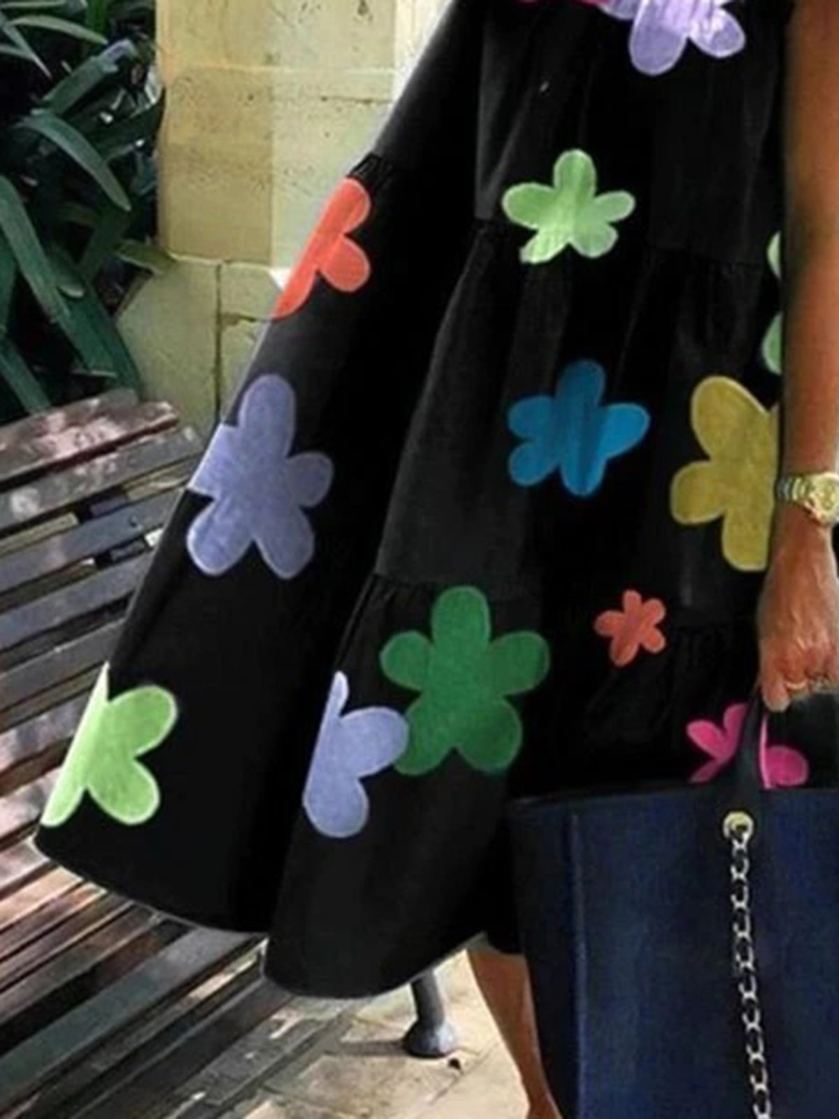 Black Sweet Casual Holiday Floral Printed Short Sleeve A-line Dresses