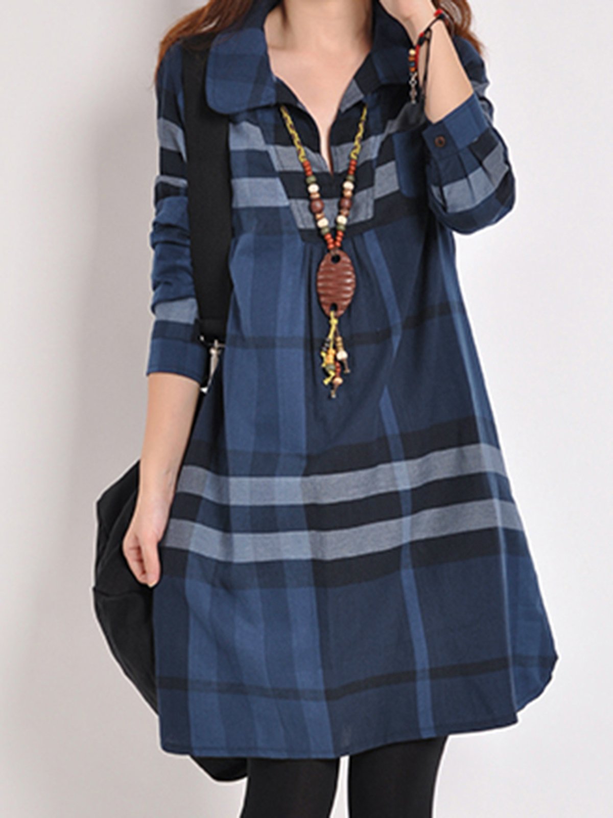Blue Shirt Collar Checkered/Plaid Long Sleeve Casual Dress