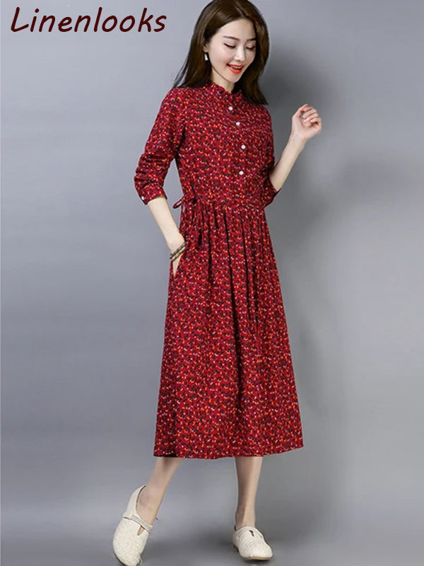 Plus Size Slim Cotton Linen Casual Floral Printed Dresses