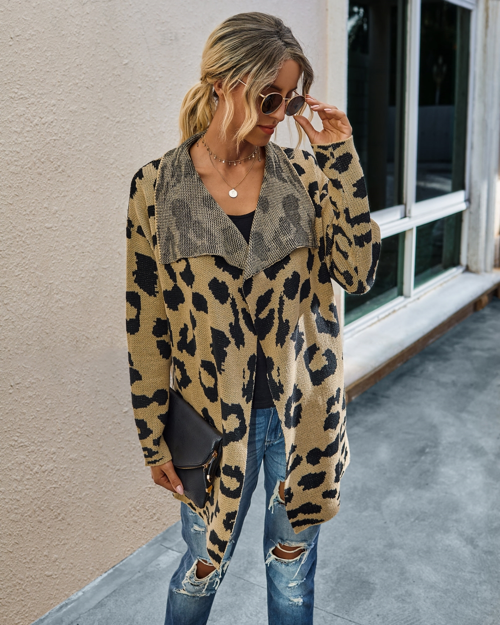 Falls Turndown Collar Irregular Leopard Cardigans