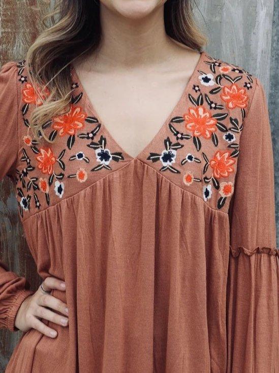 Floral V Neck Long Sleeve Cotton-Blend Shirts & Tops