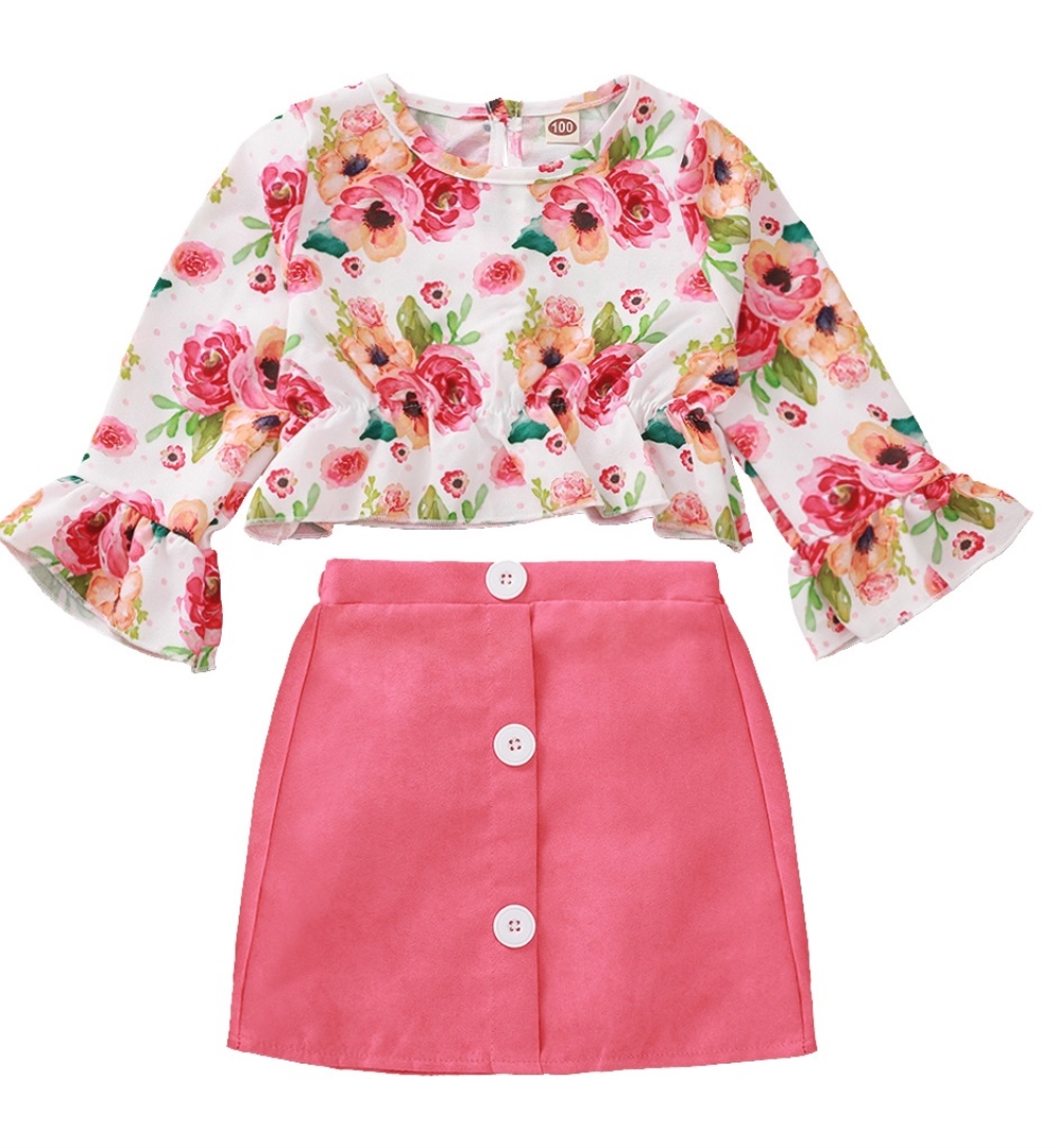 Kids Girl Autumn Floral Top and Plain Mini Skirt Set