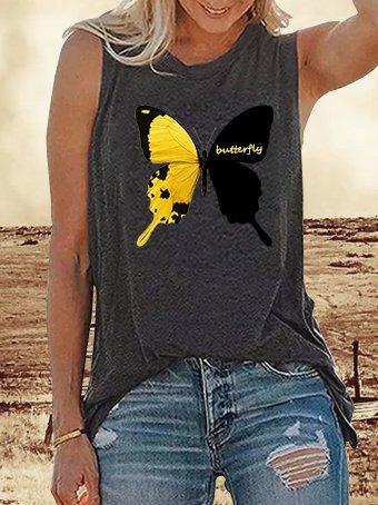 Dark grey round neck casual butterfly print T-shirt