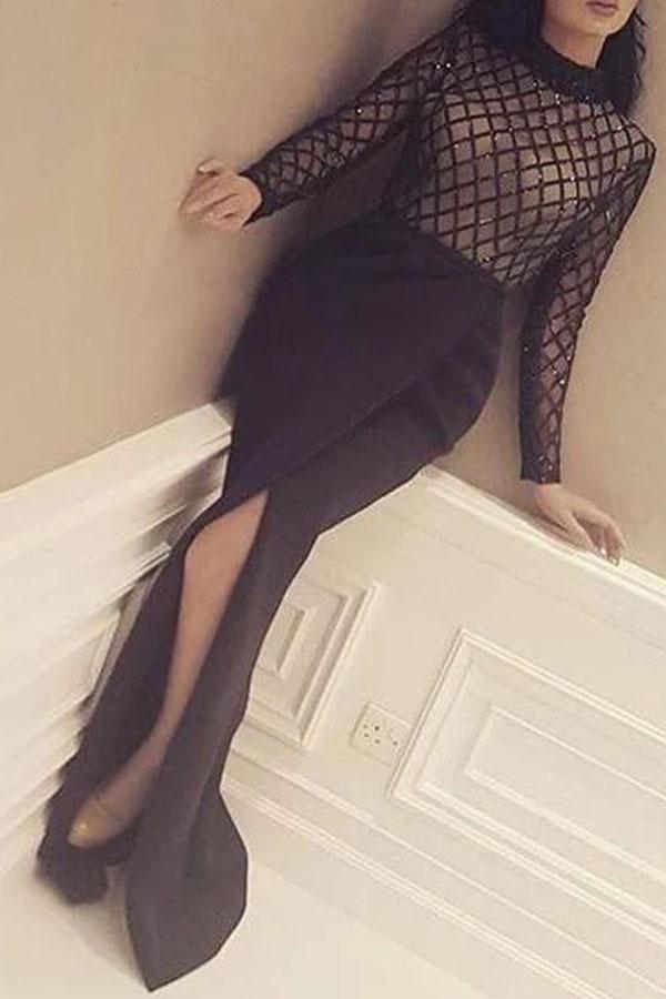 Fashion Round Neck Pure Colour Sequins Slit Bodycon Dresses