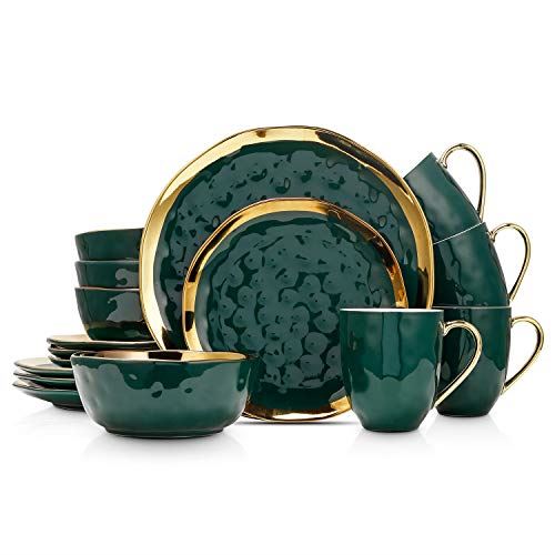 16 Piece Dinnerware Set, Service for 4, Green and Golden Rim