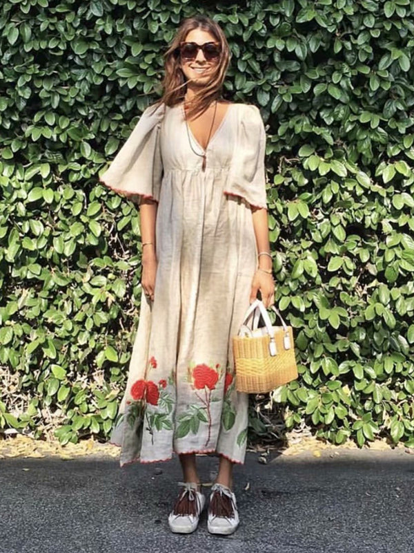 Floral embroidery short sleeve beach Bohemian linen cotton maxi dress
