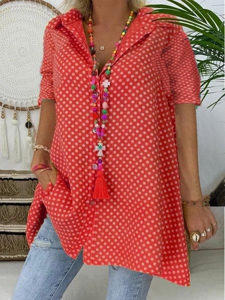 Casual Short Sleeve Shirt Collar Polka Dots T-shirt