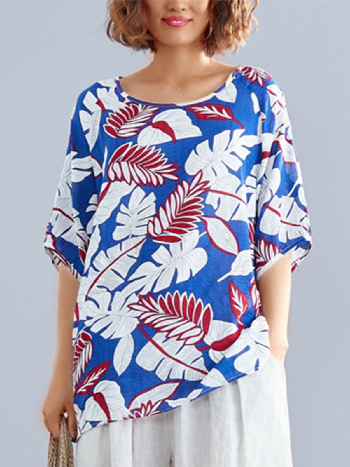 Plus Size Women Short Sleeve Round Neck Vintage Leaf Floral Casual Tops