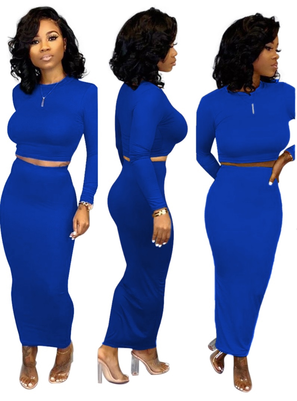 Solid Color Sexy Curvy Crop Top and Pencil Skirt