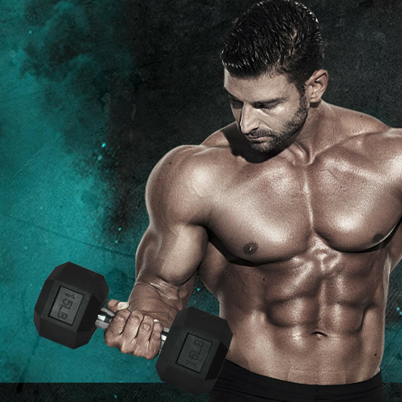 10Pair Rubber Dumbbells 5-50 lb with Dumbbells Rack Hexagonal Home Gym Equipment