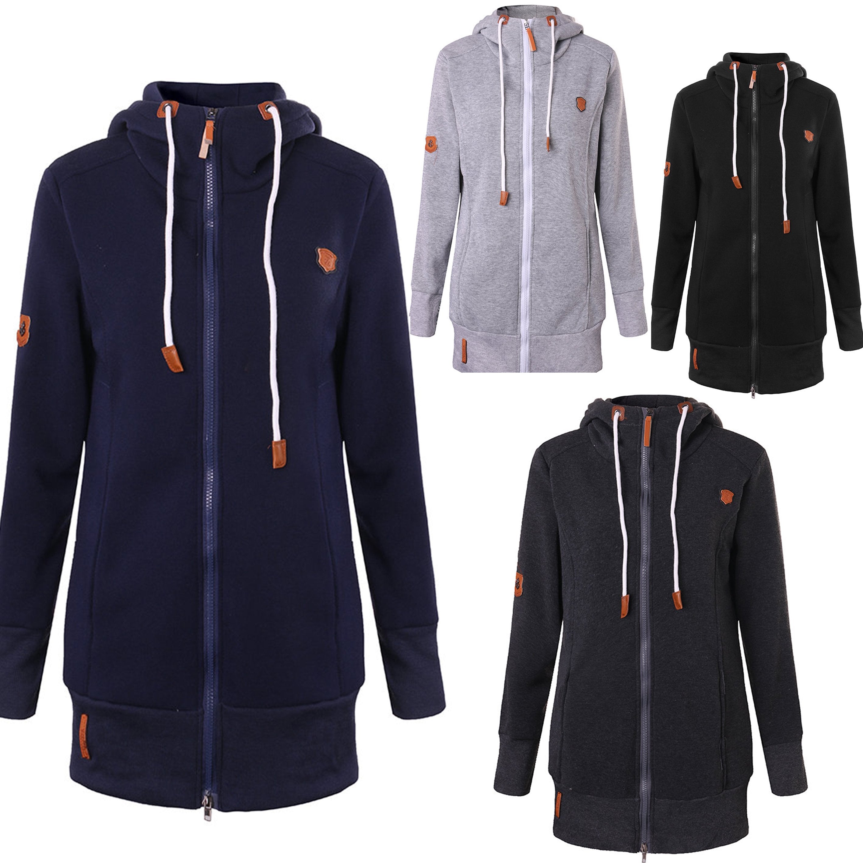 Women Long Sleeve Zipper Casual Hooded Pocket Coats